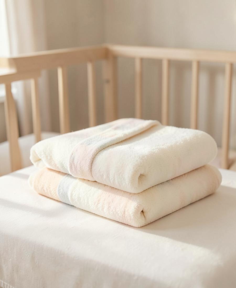 Soft baby blankets folded beside a cot