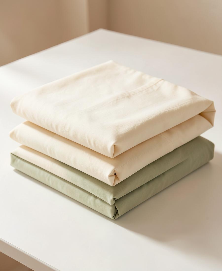 Folded printed single bed sheets in warm neutrals