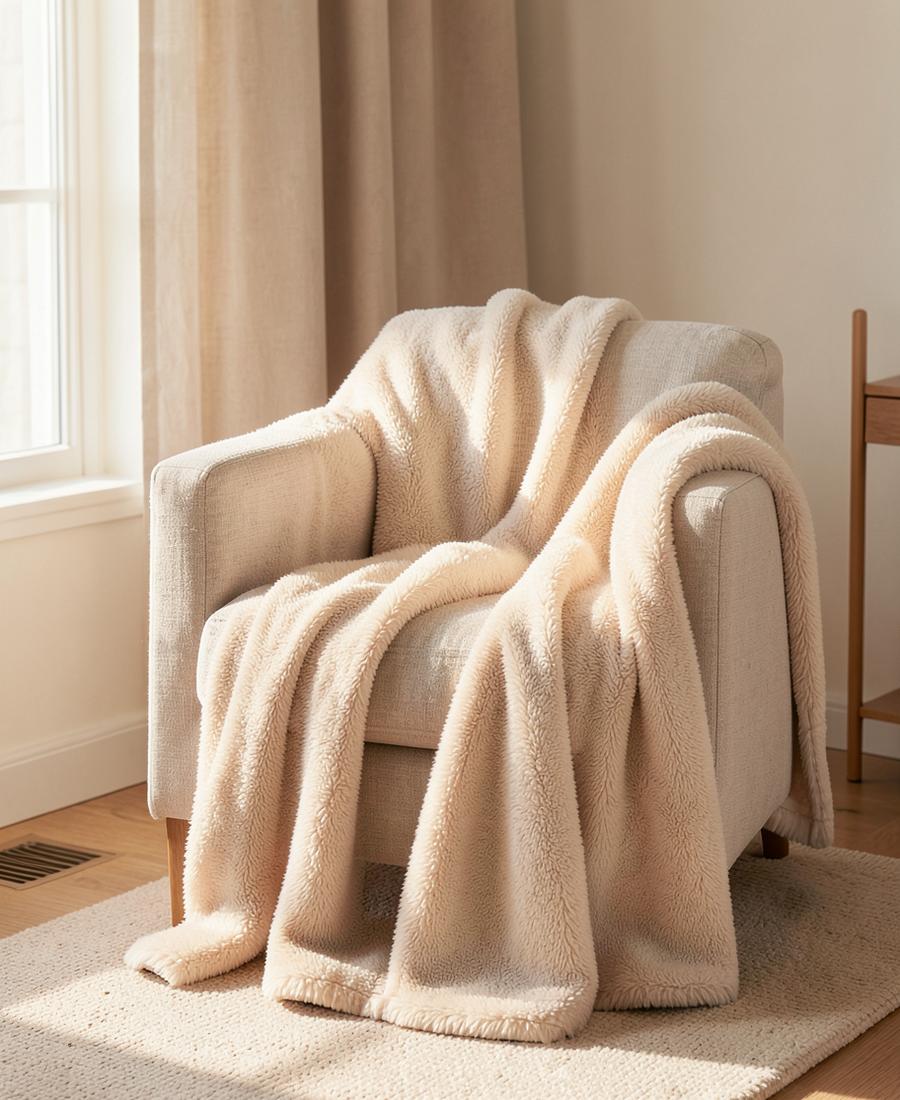Cream blanket draped over a linen armchair
