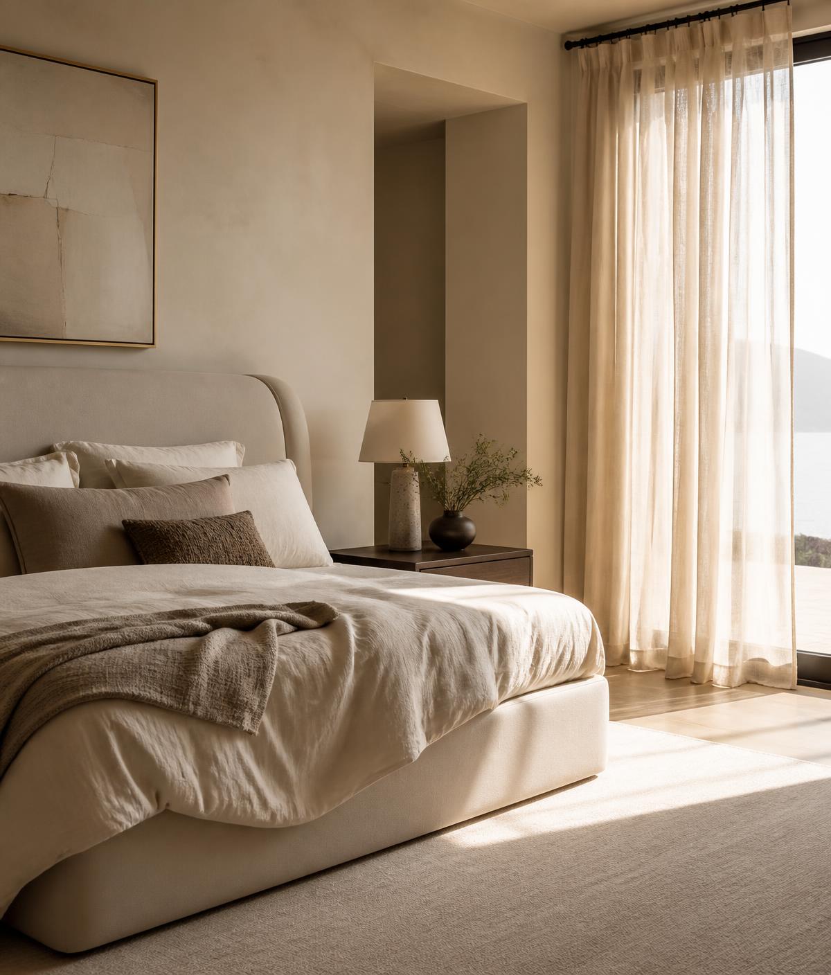 Warm minimal bedroom dressed in ivory and taupe bedding