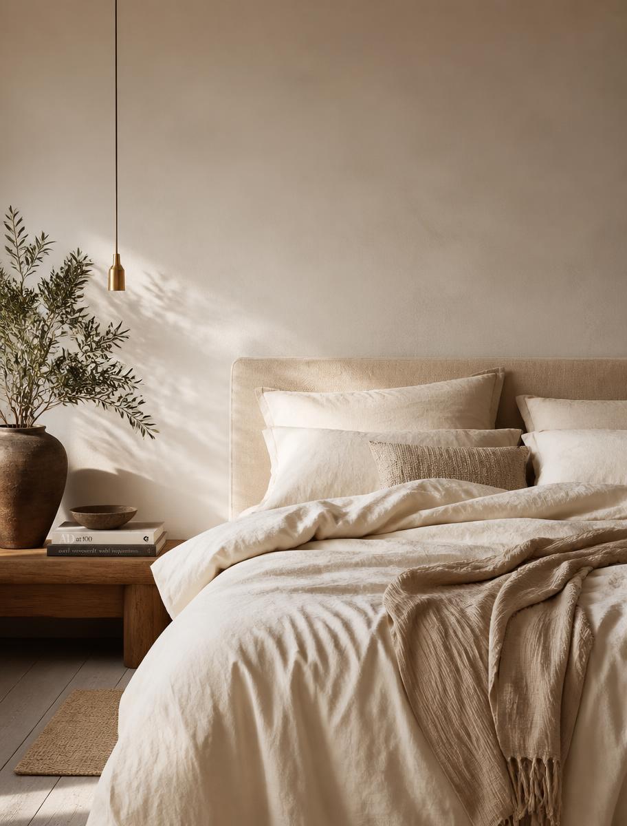 Luxury bedroom styled with sage and ivory Nuvet Living bedding in warm natural light