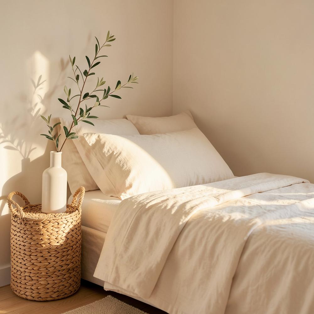 Minimal bedroom corner in cream linen