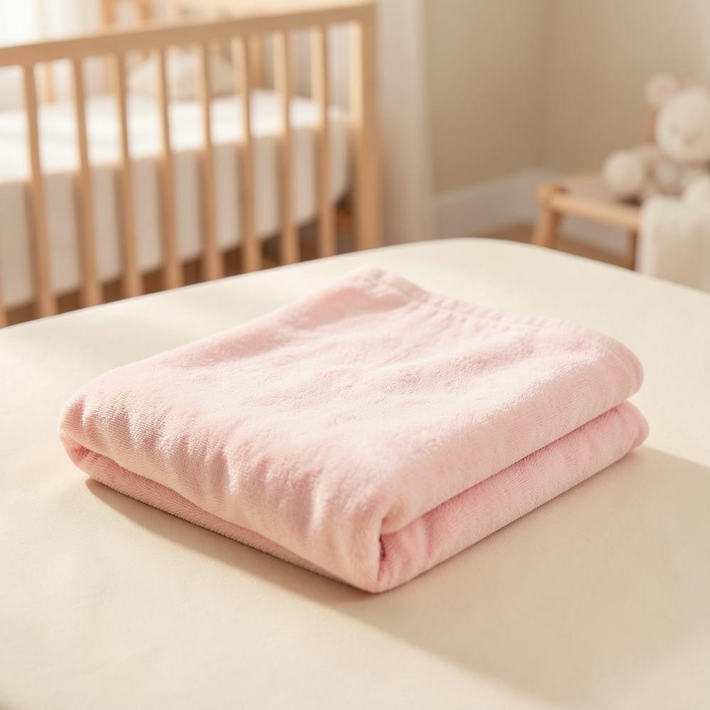 Folded soft pink baby blanket in a minimal nursery