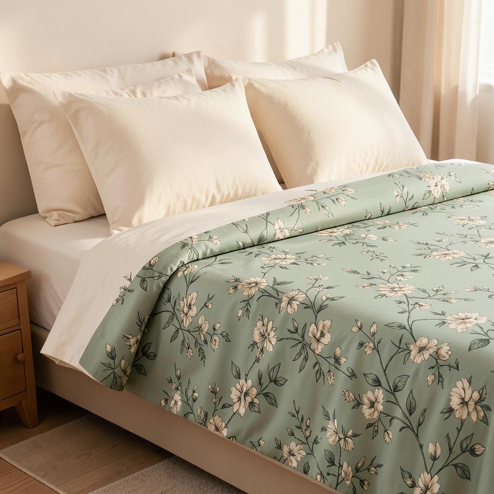 Sage green floral king bed sheet set styled on a bed