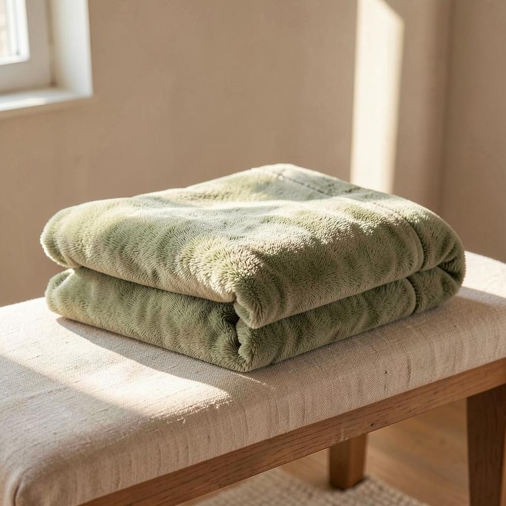 Folded sage fleece blanket resting on a linen bench